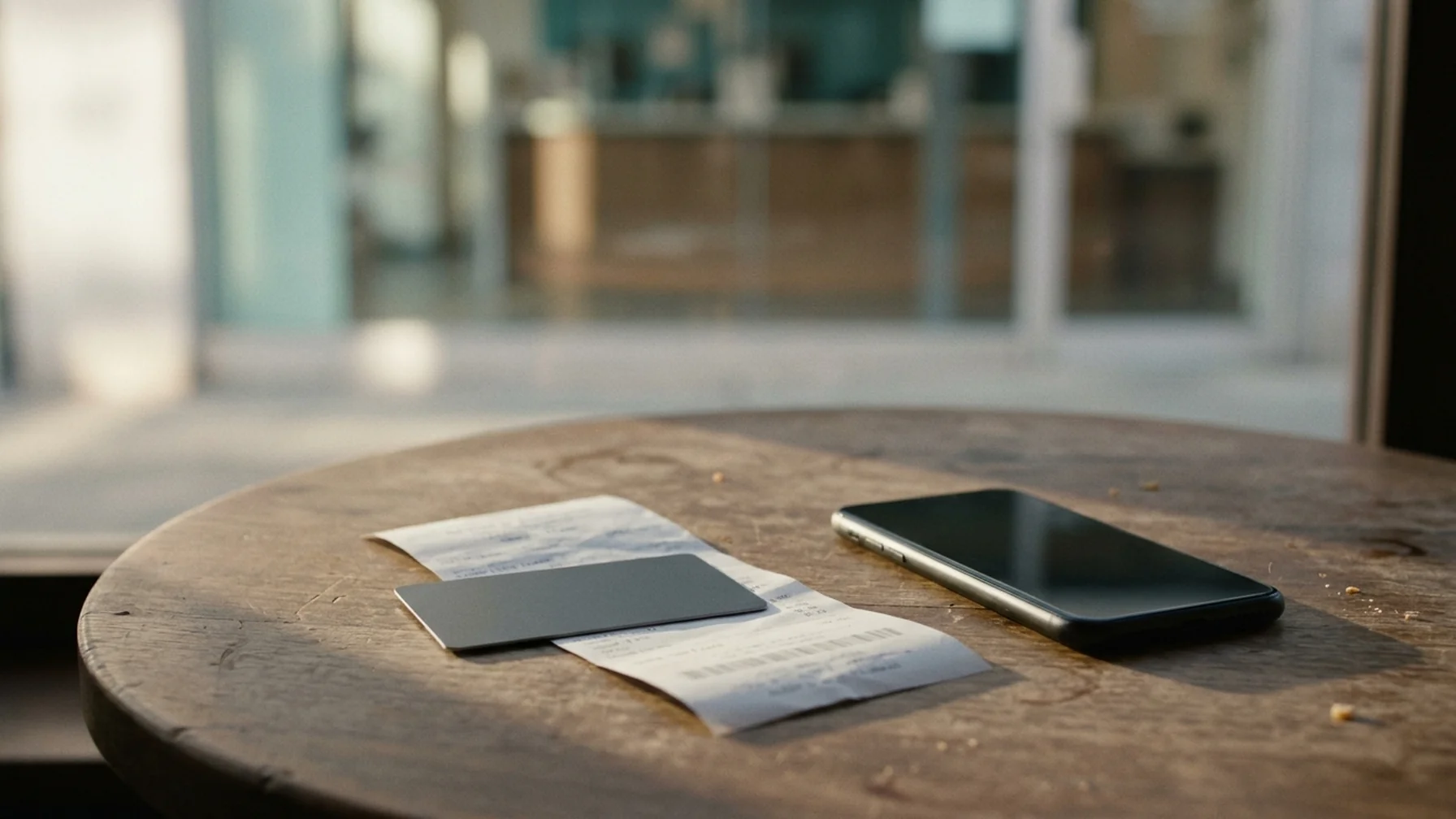 A crypto card resting on a café receipt next to a phone, with a bank branch visible through the window