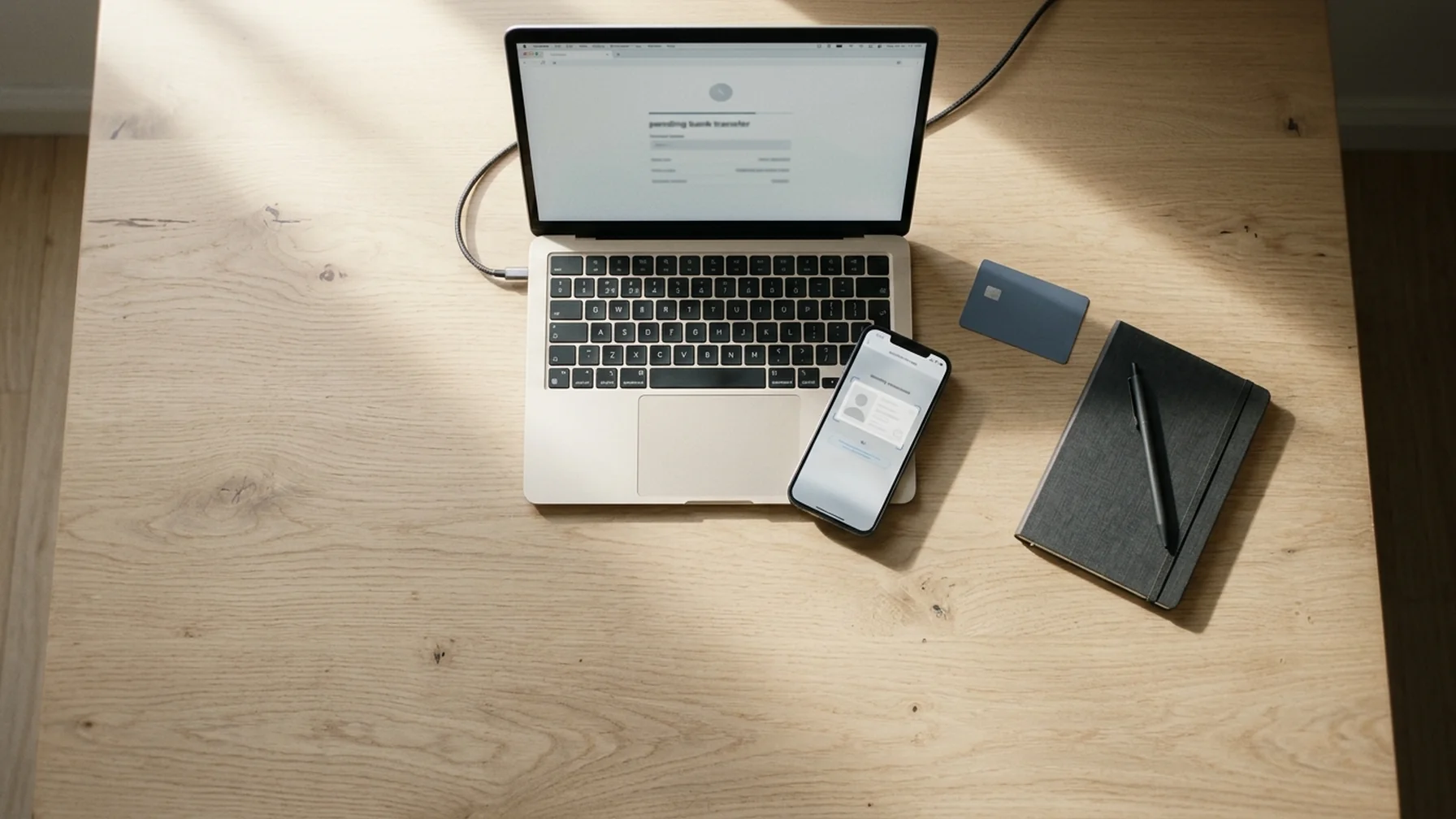 A laptop on a wooden desk showing a pending bank transfer beside a phone with an identity verification screen, morning light from a side window