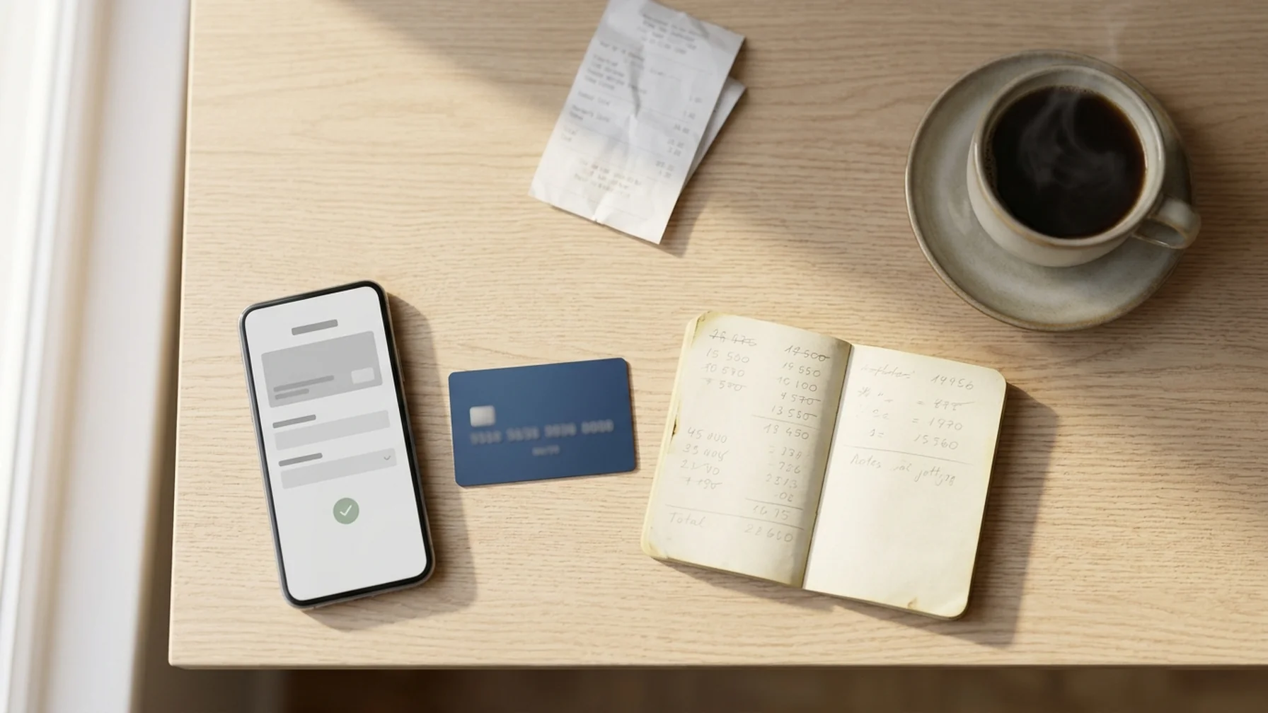 A desk with a phone showing a payment confirmation, a bank card, a paper receipt and a notebook with handwritten notes, lit by soft window light