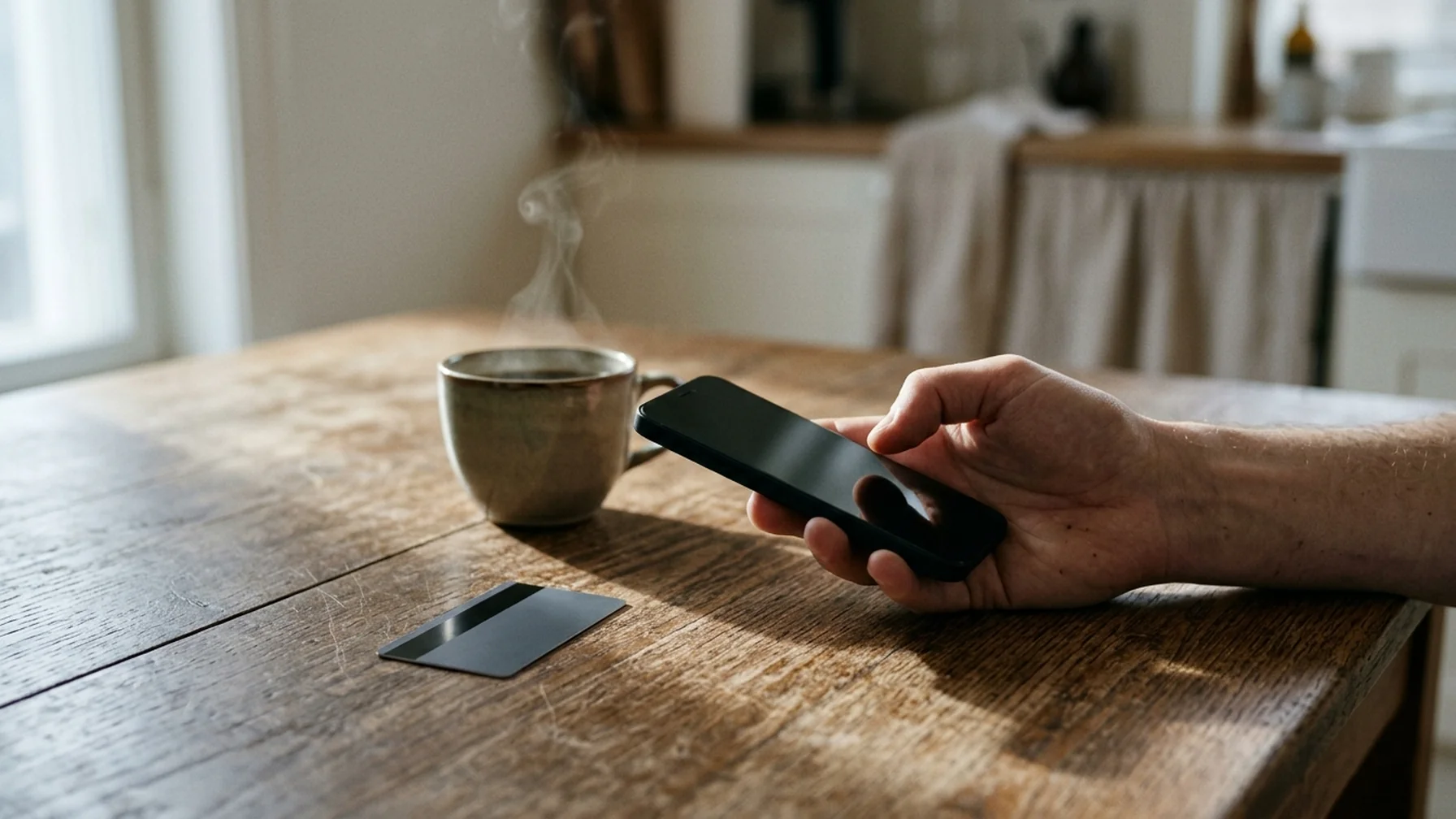 Close-up of a phone held over a kitchen table showing a payment confirmation screen, a debit card beside a coffee cup, morning window light